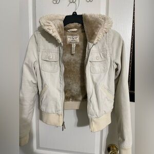 Abercrombie Kids XL cream and tan corduroy jacket with faux fur hood